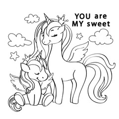 Cute unicorn mom with baby. Vector illustration coloring book for children to Mothers Day - 766483832
