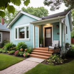 Small blue house with white trim and a brown door - obrazy, fototapety, plakaty