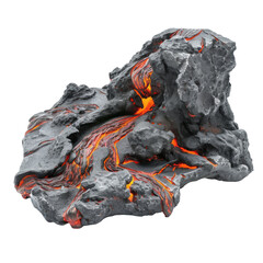 A lava flow is depicted on a rocky surface,isolated on white background or transparent background. png cut out or die-cut