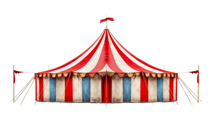 A vibrant circus tent adorned with a colorful flag flapping in the wind