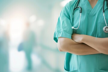 Doctor or surgeon standing in hospital hallway. Medical background, perfect for health care, medicine, clinic or hospital website.
