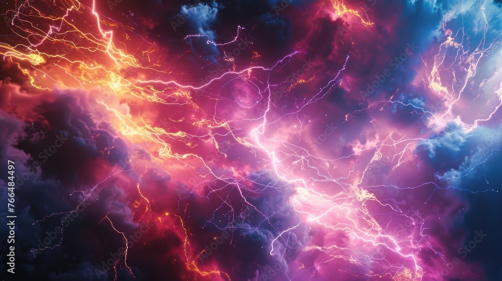 Poster a dramatic image of a lightning storm in the sky. perfect for illustrating extreme weather condition