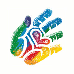 Grunge hand with heart in rainbow colors isolated on white background. World Kindness Day. Child mental health, autism. Help, love, humanitarian aid, charity concept