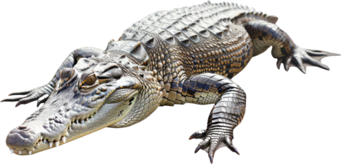 Young American alligator lounging isolated, cut out transparent