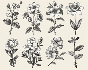 Nature Poetry The Delicate Beauty of HandDrawn Flora Icons in Classic Style,illustration ,high detailed - obrazy, fototapety, plakaty