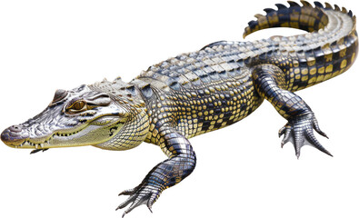 Young American alligator lounging isolated, cut out transparent