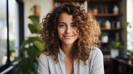 Portrait of a young woman with curly hair - obrazy, fototapety, plakaty