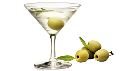 A martini glass filled with olives sits next to an olive branch
