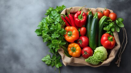 Shopping bag full of fresh vegetables and fruits copy space.