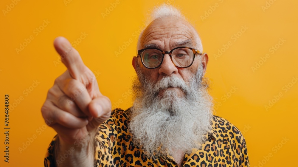 Poster a man with a long beard and glasses pointing at the camera. suitable for business presentations