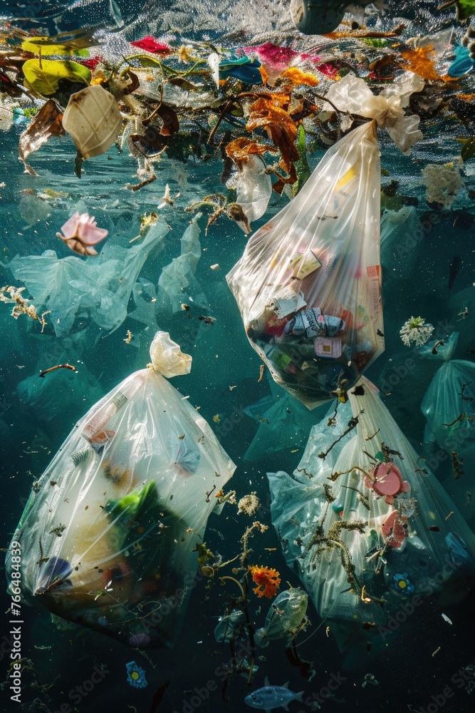 Poster two bags of garbage floating in the water. suitable for environmental concepts