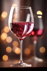 Close-up of red wine in a glass with a blurred background