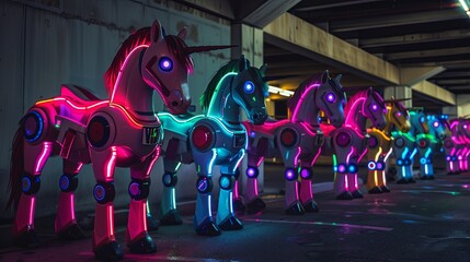 Colorful robotic ponies waiting in a parking lane.