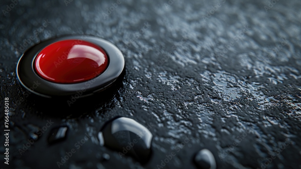 Poster A red button sitting on top of a black surface. Ideal for technology or control concepts