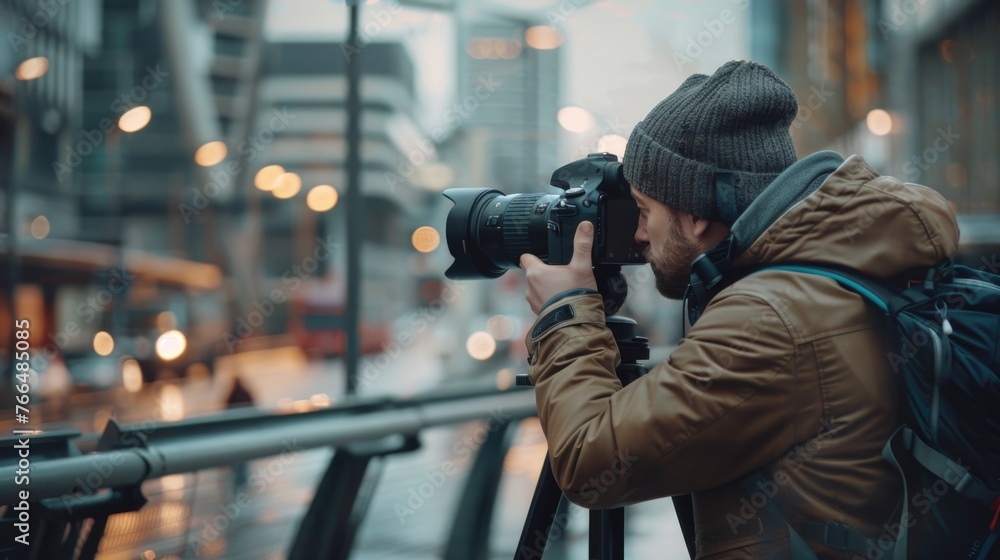 Poster a man using a camera to take a photo. suitable for photography concepts