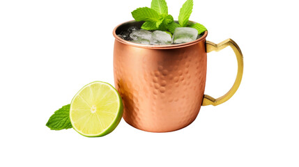A copper mug glistens holding ice and a lime slice