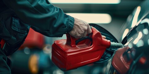 A person filling up a car at a gas station. Suitable for automotive and transportation concepts