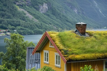 A quaint small yellow house with a green roof. Ideal for real estate or architecture concepts