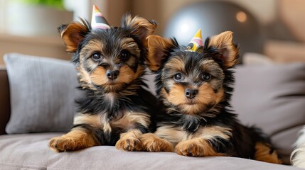 Adorable puppies. Pet in a triangular festive hat.