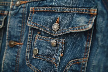 Close up shot of a stylish denim jacket with buttons. Perfect for fashion or casual wear concepts