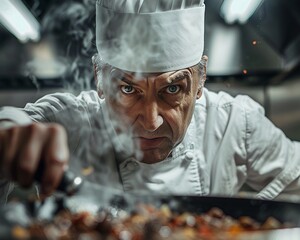 Capture the essence of a celebrity chef facing challenges headon in a dynamic frontal view Show determination and grit in their expression