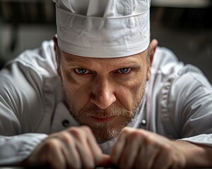 Capture the essence of a celebrity chef facing challenges headon in a dynamic frontal view Show determination and grit in their expression