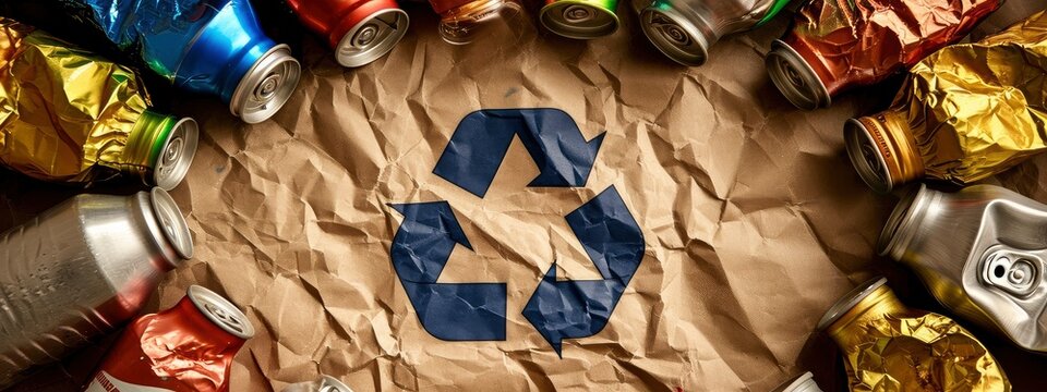 Recycle Concept with Aluminum Cans and Cardboard Symbol.