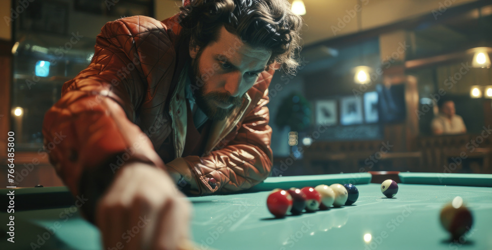 Poster A man leaning over a pool table with balls on it. Perfect for sports and leisure concepts