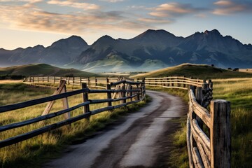 A dirt road winds through a grassy field with mountains in the distance - Powered by Adobe