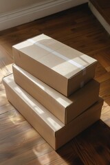 Stack of three boxes on wooden floor, versatile for various concepts
