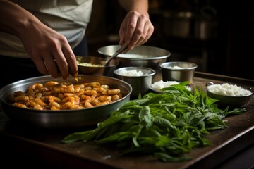 Middle Eastern person preparing a meal with shrimp, rice, and greens - obrazy, fototapety, plakaty