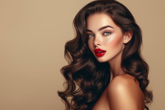 portrait of a beautiful young woman with long brown hair and red lips