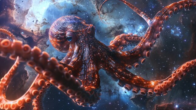 Galactic Octopus Imagine an enormous space octopus with tentacles stretching across lightyears, each arm adorned with glowing suckers as it explores the mysteries of the universe , 3D render
