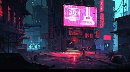 A cyberpunk city street at night, with neon lights and futuristic buildings. The streets have an empty feel as the only light comes from glowing signs on highrise buildings. In front of one building i