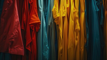 Colorful shirts hanging on a wall, perfect for retail or fashion concept