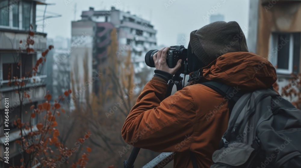Aufkleber a man capturing a moment with a camera. ideal for photography concepts