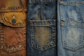 Naklejka premium Various colored jeans hanging on a wall, perfect for fashion or retail concepts