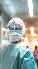 Surgeon in scrubs and surgical cap walks through hospital hallway