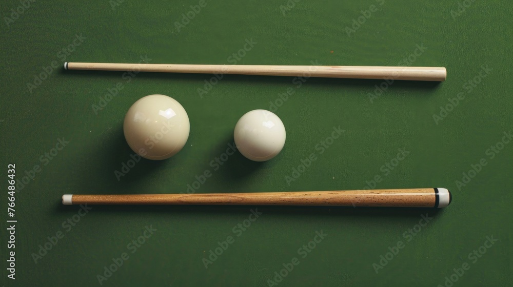 Poster a pool table with a pool cue, ball, and two eggs. ideal for sports or cooking concepts