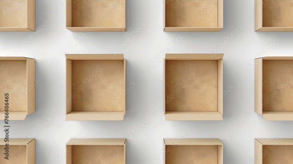 Poster simple and versatile image of empty wooden shelves against a white wall. perfect for showcasing prod