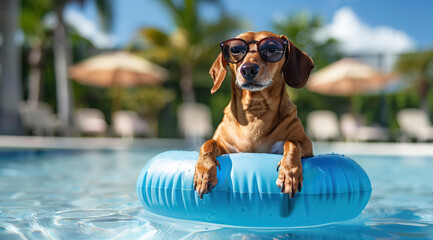 Cute dachshund dog wearing sunglasses lounging on an inflatable ring in the pool, enjoying summer vacation at a sunny beach resort with swimming and sunbathing activities.