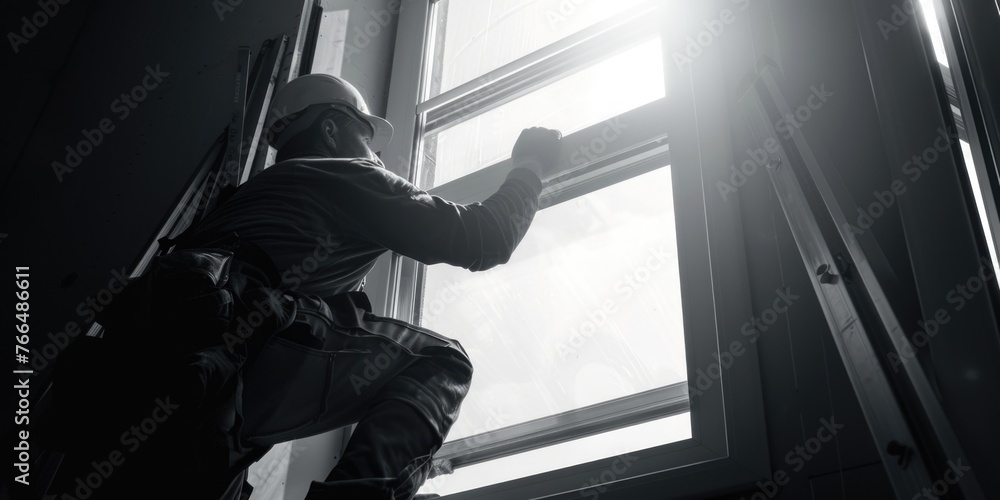 Aufkleber A man climbing up a ladder to reach a window. Can be used for concepts of determination and reaching goals
