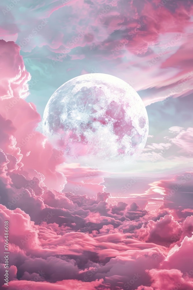 Poster A serene view of a pink sky with fluffy clouds and a full moon. Suitable for various design projects