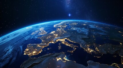 Earth from space showing Europe and Africa at night - obrazy, fototapety, plakaty