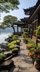 Lakeside Chinese style architecture with a stone slab walkway and lush greenery - obrazy, fototapety, plakaty