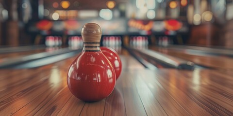A red bowling ball sitting on a wooden floor. Ideal for sports and leisure concepts