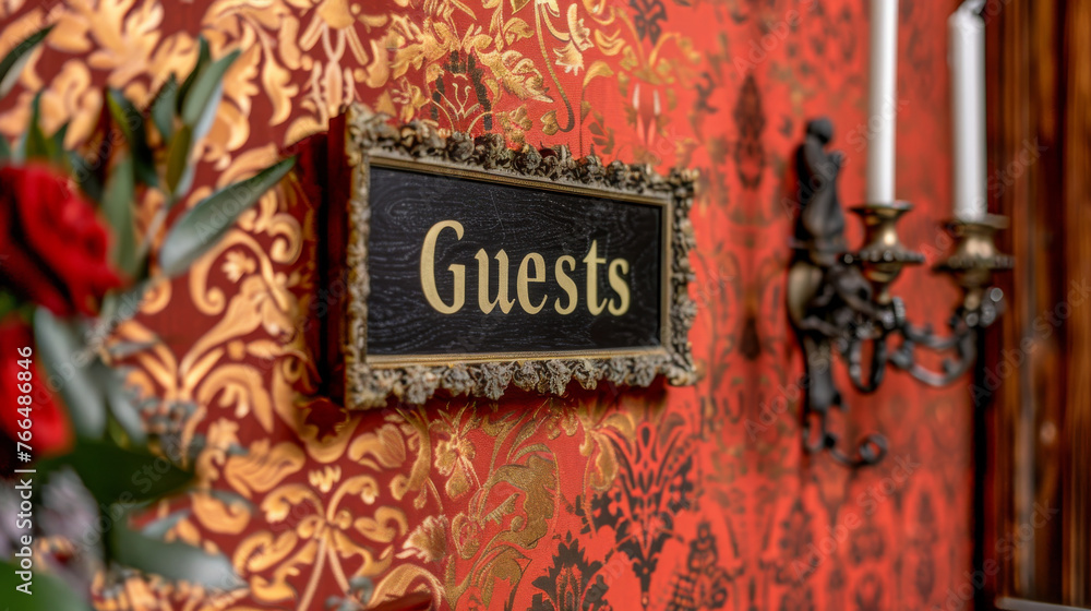 Poster a person stands in front of a colorful background with the word 'guests' written in bold letters.