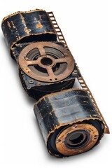 Black and brown colored film reel with sprocket holes
