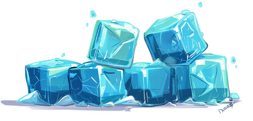 A few stacked, cartoon bright blue ice cubes, simple, minimalistic, cartoon on white background