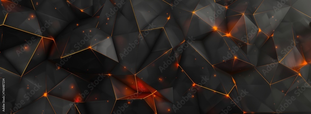 Poster black orange low-polygonal background in the form of polygons, lines, and dots. ai generative.